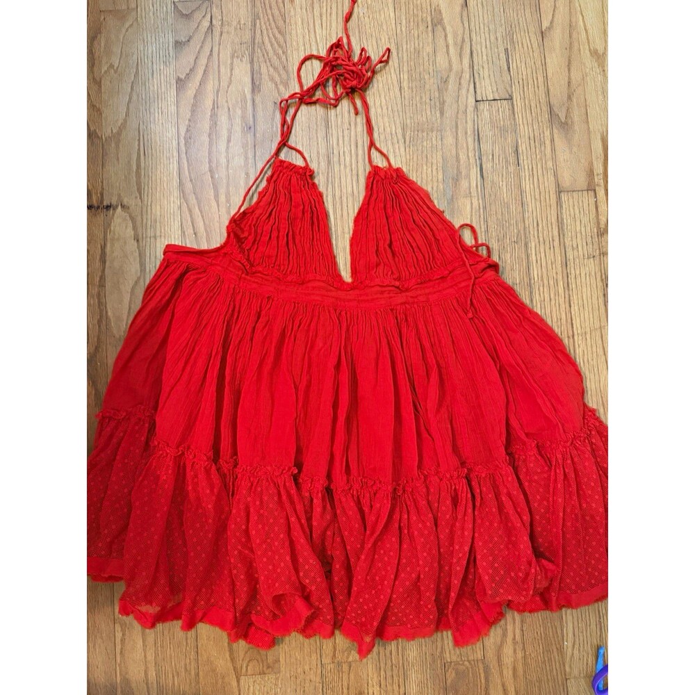Free People M Red Halter Mini Dress Boho Tiered Lace Open Back Festival